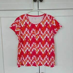 Kim Rogers Petite Small PS Chevron Print Short Sleeve Pink Orange Tee Cotton